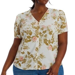 1. STATE | Cream Sage Peach Tropical Floral V-Neck Fabric Button Blouse | 1X